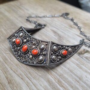 800 Silver Filigree Bib Necklace w Red Coral Cabochons Vintage Italian Ethnic